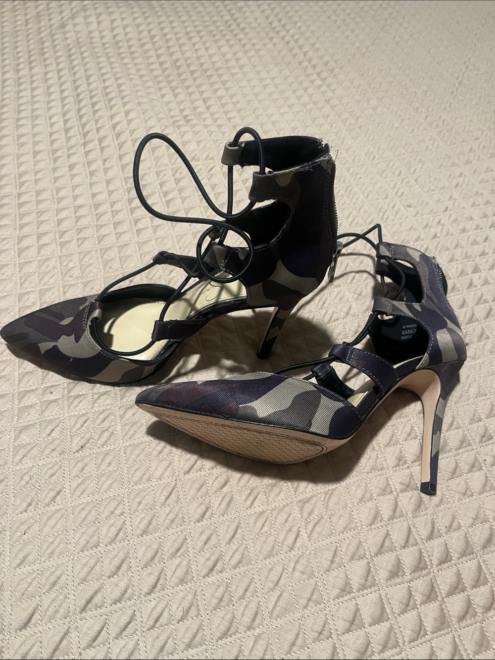 Jessica Simpson Camouflage Lace-Up Pointed Toe Stiletto Heels in Green and Black